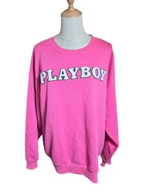 Playboy Pink Y2K Fuzzy Embroidered  Logo Crewneck Sweatshirt